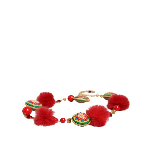 Dolce & Gabbana Gold Brass Red Fur Crystal Waist Torero Women\'s Belt